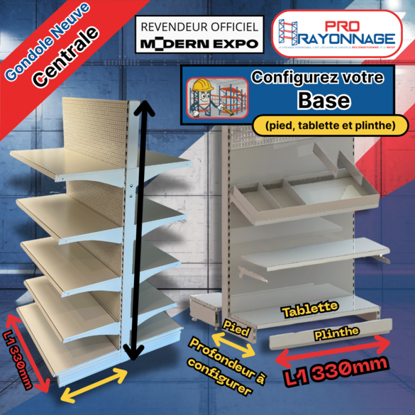 Gondole Centrale de magasin à configurer - Hauteur 2100mm, Longueur 1 330mm [NEUVE]