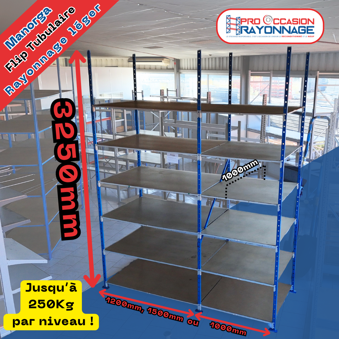 Rayonnage tubulaire Flip Manorga H3250, longueur sur mesure – Reconditionné avec tablettes isorel incluses 