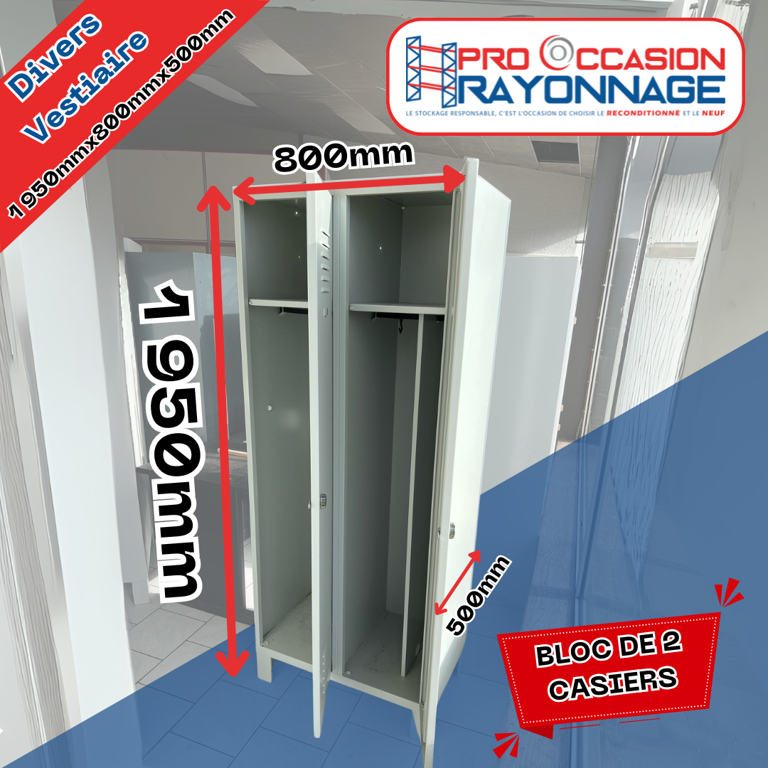 Casiers pour vestiaire en bloc de 2 - 1950mm 