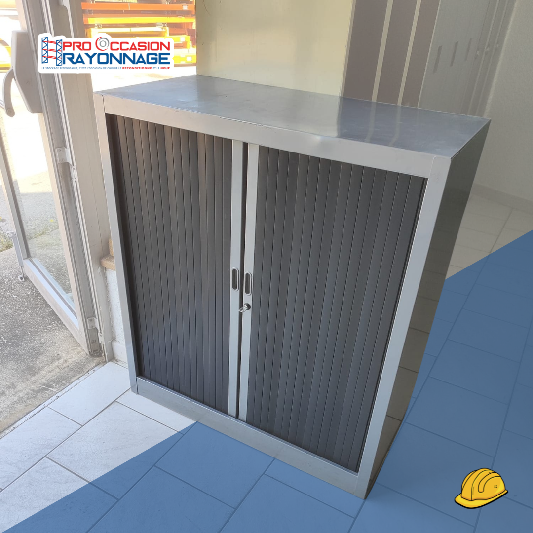 Armoire de bureau grise - 2 portes coulissantes noires 