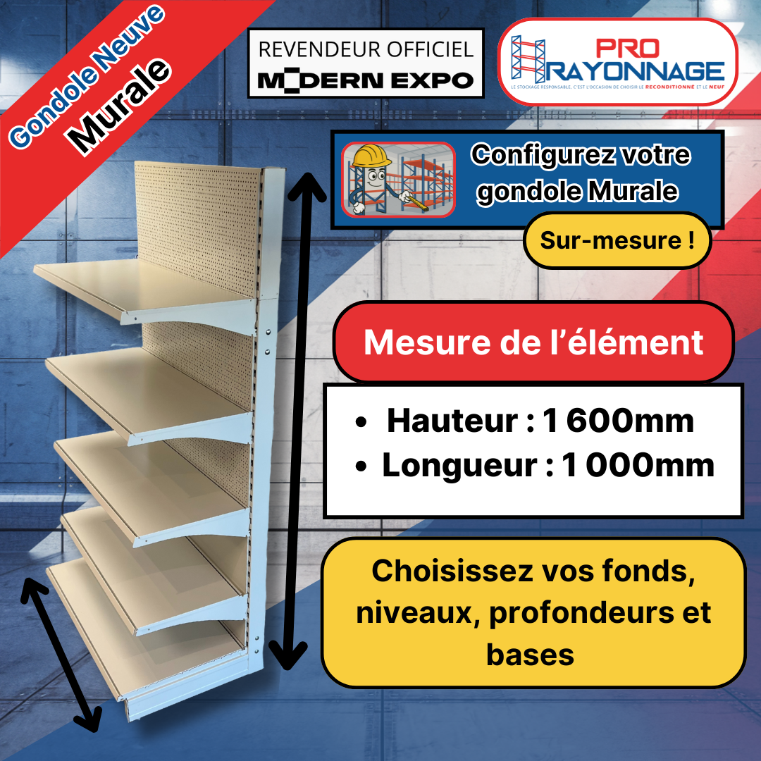 Gondole Murale de magasin à configurer - Hauteur 1600mm, Longueur 1 000mm [NEUVE] 