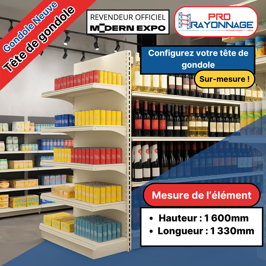 Tête de gondole pour magasin à configurer - Hauteur 1600mm, Longueur 1 330mm [NEUVE] 