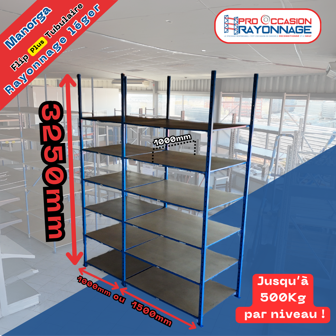 Rayonnage tubulaire Fliplus Manorga H3250 – 2 longueurs dispo -  Reconditionné avec tablettes isorel incluses 