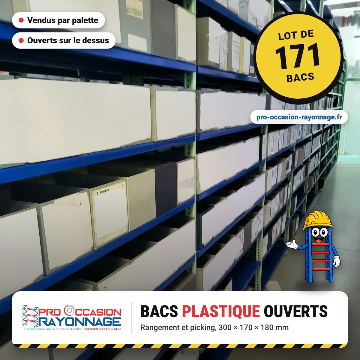 Bacs plastique de rangement ouverts 300 x 170 x 180 mm, palette de 171 bacs 