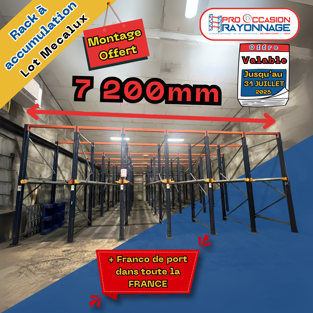 Lot de racks à accumulation MECALUX – 6 allées (20 palettes par allée) 