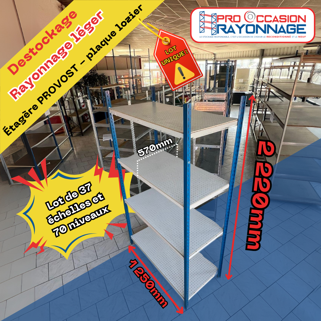 Lot rayonnage léger Provost - niveau en plaque Lozier avec 74 montants + 70 niveaux ! 