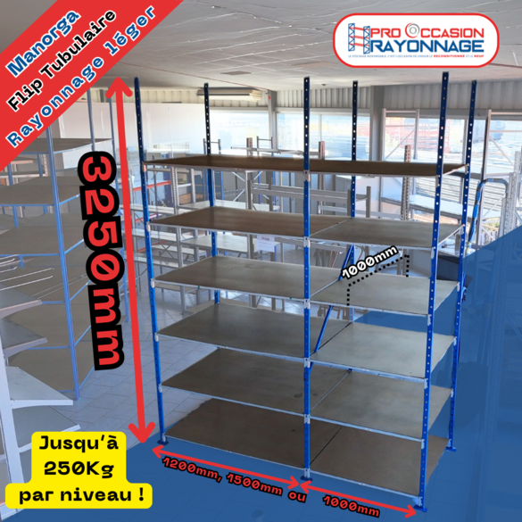 Rayonnage tubulaire Flip Manorga H3250, longueur sur mesure – Reconditionné avec tablettes isorel incluses