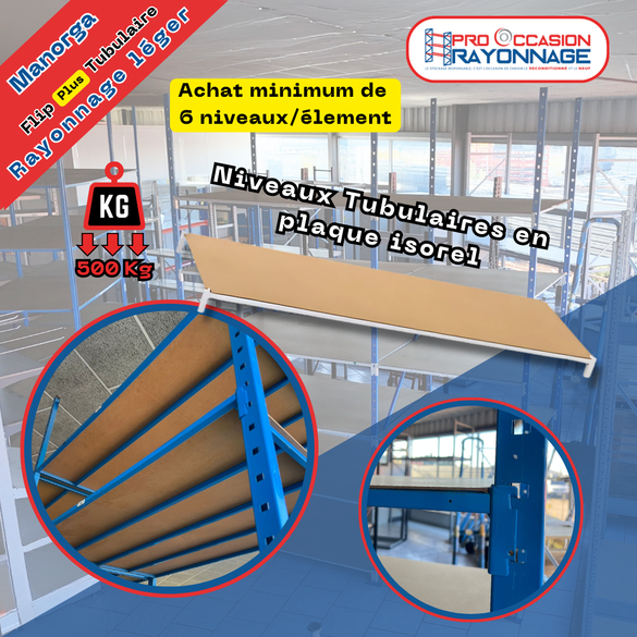 Rayonnage tubulaire Fliplus Manorga H3250 – 2 longueurs dispo -  Reconditionné avec tablettes isorel incluses
