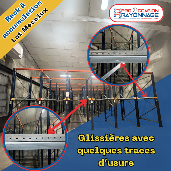 Lot de racks à accumulation MECALUX – 6 allées (20 palettes par allée)