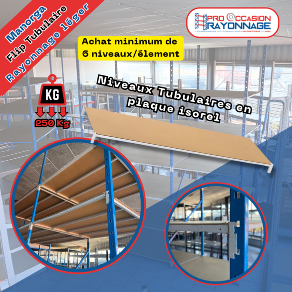 Rayonnage tubulaire Flip Manorga H3250, longueur sur mesure – Reconditionné avec tablettes isorel incluses