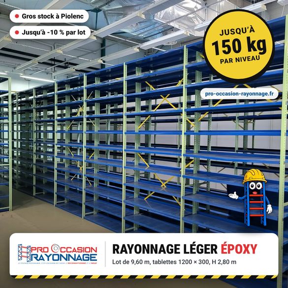Rayonnage léger époxy, tablettes 1200 x 300, hauteur 2,80 m, vendu par lot de 9,60 m
