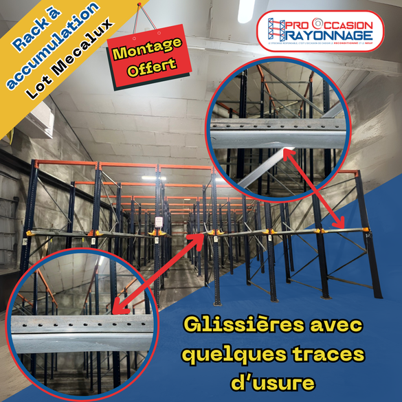 Lot de racks à accumulation MECALUX – 6 allées (20 palettes par allée)