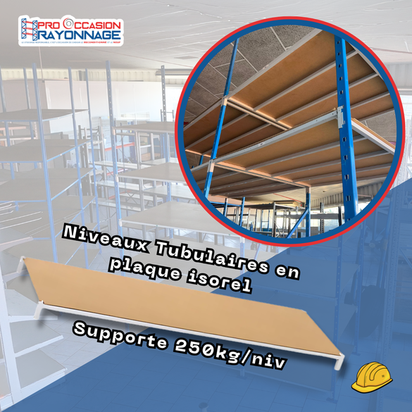 MANORGA Flip - Rayonnage tubulaire - 250kg/niv - H3250, niveau sur mesure avec tablettes isorel incluses