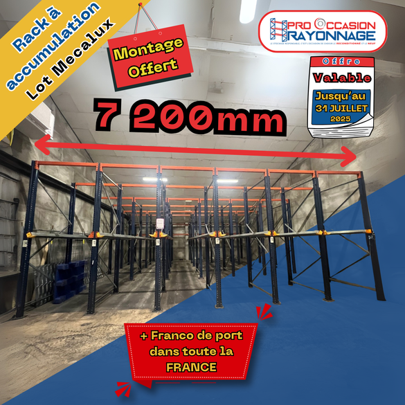 Lot de racks à accumulation MECALUX – 6 allées (20 palettes par allée)